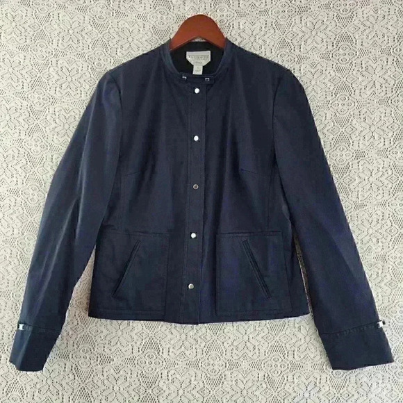 Vintage Talbots Collection Stretch Navy Blue Mock Neck Blazer Women's 8 - Picture 1 of 9